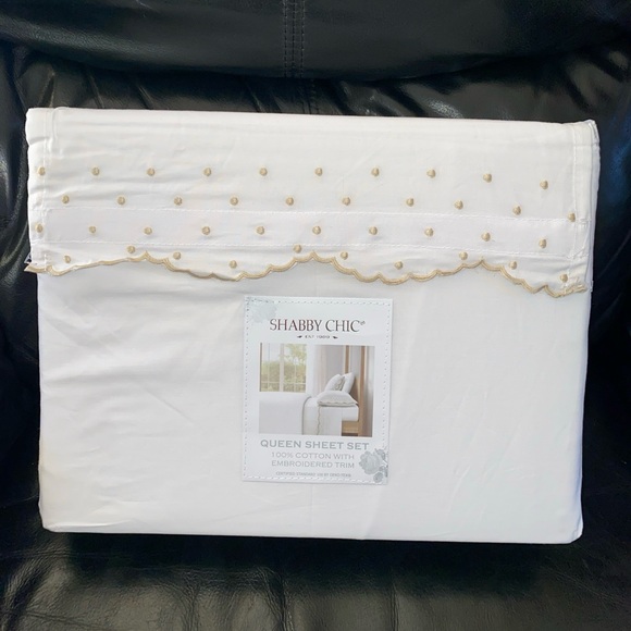 Shabby Chic White Cotton Enbroidered Scallop Dot Natural QUEEN Sheet Set 4pc - Picture 11 of 13